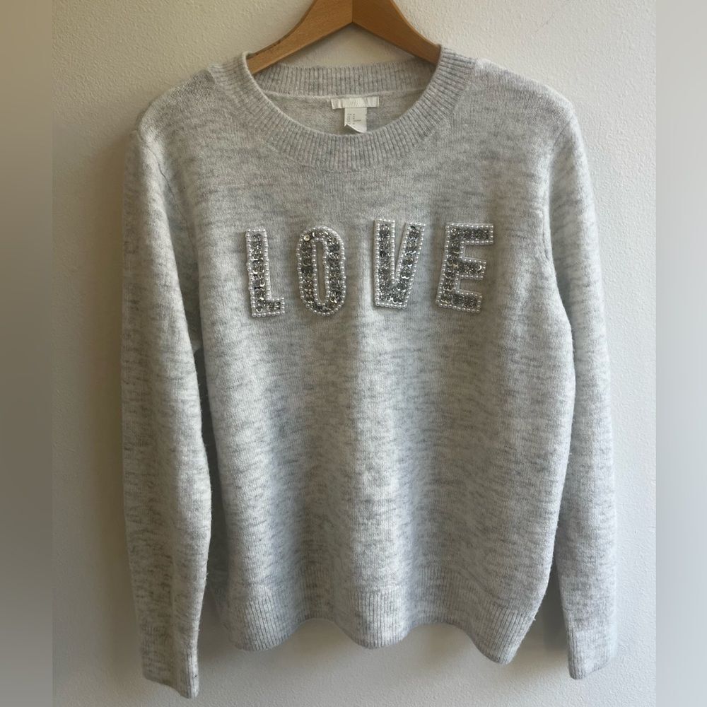 H&M LOVE Gray Sequin Pearl Beaded Crewneck Sweater Women’s Medium - Picture 2 of 10